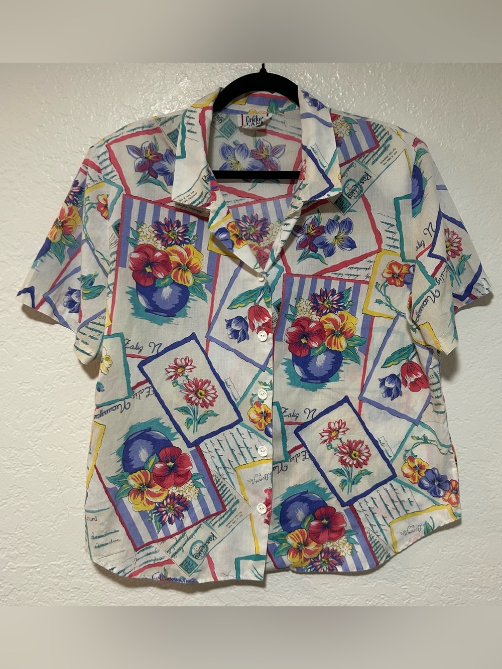 Vintage Cricket Lane Floral Button-Up Shirt with Postcards